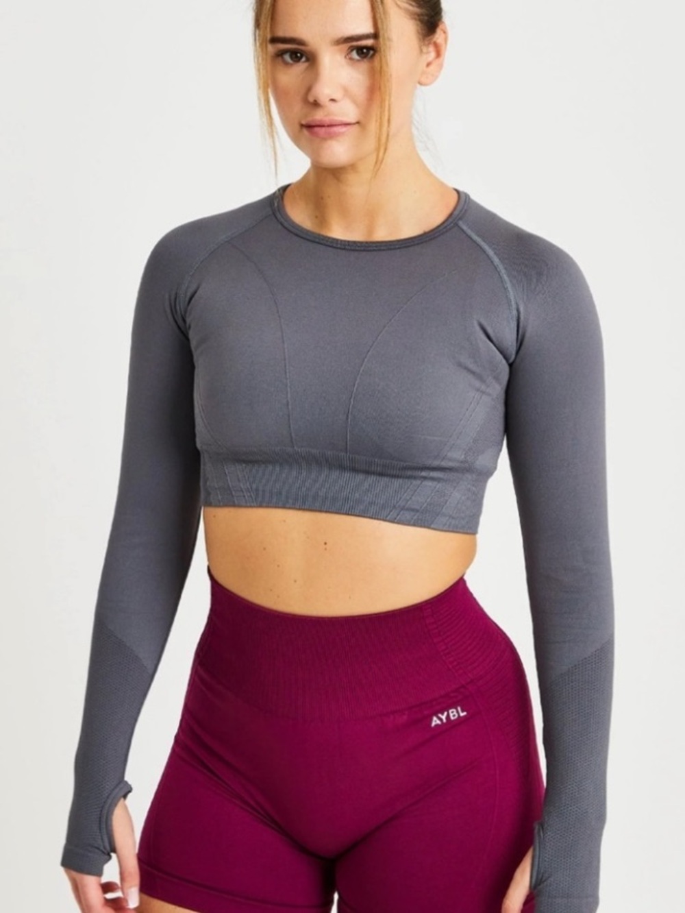 AYBL Light Gray Marbled Patterned Cropped Long Sleeve Athletic Active Top XL